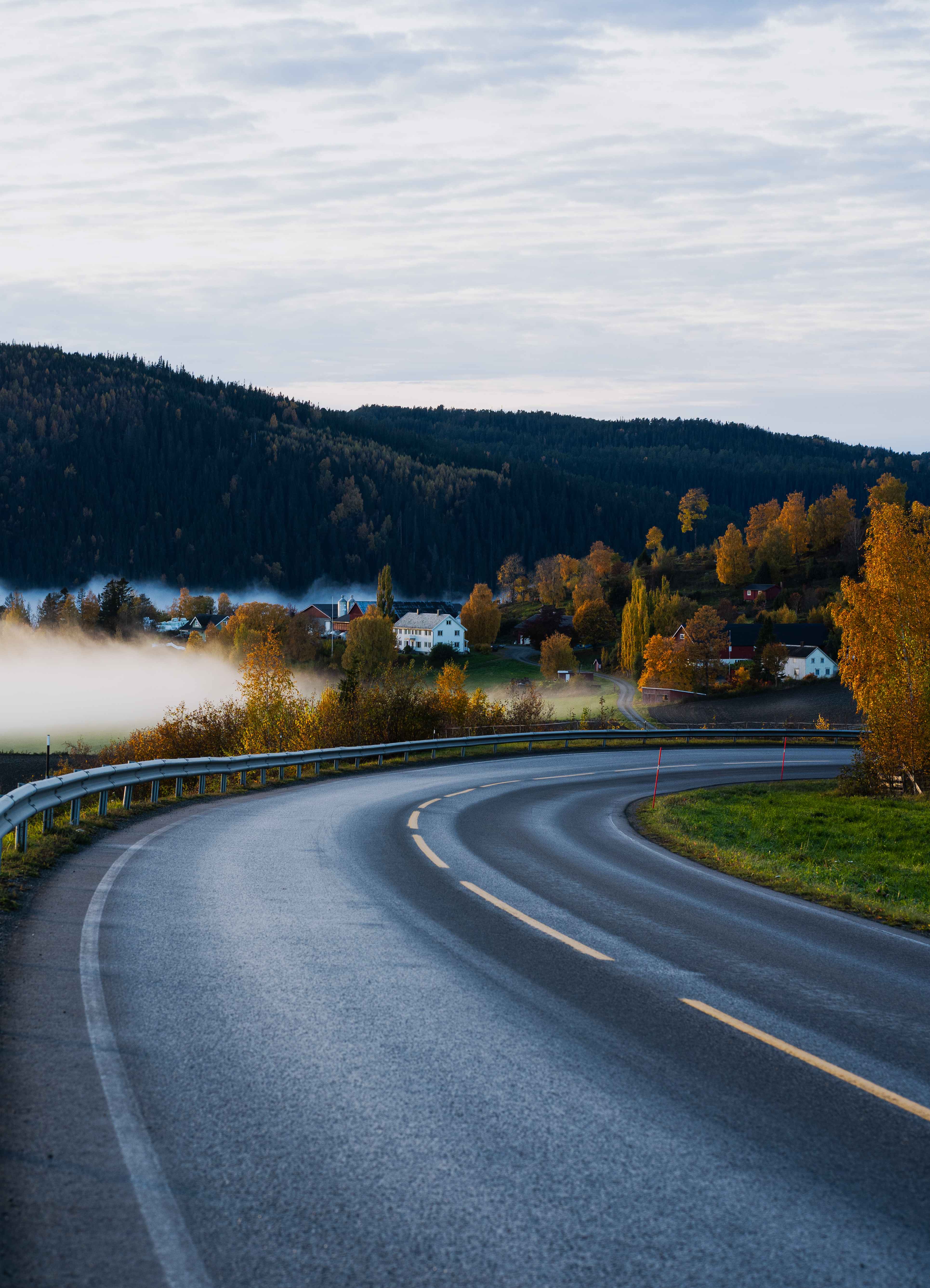 Winding road with morning mist in a rural landscape